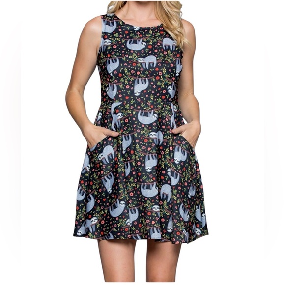 LA SOUL NWOT SLEEVELESS FIT & FLARE SMILING SLOTH DRESS LINED | SIZE: SMALL - Picture 5 of 11